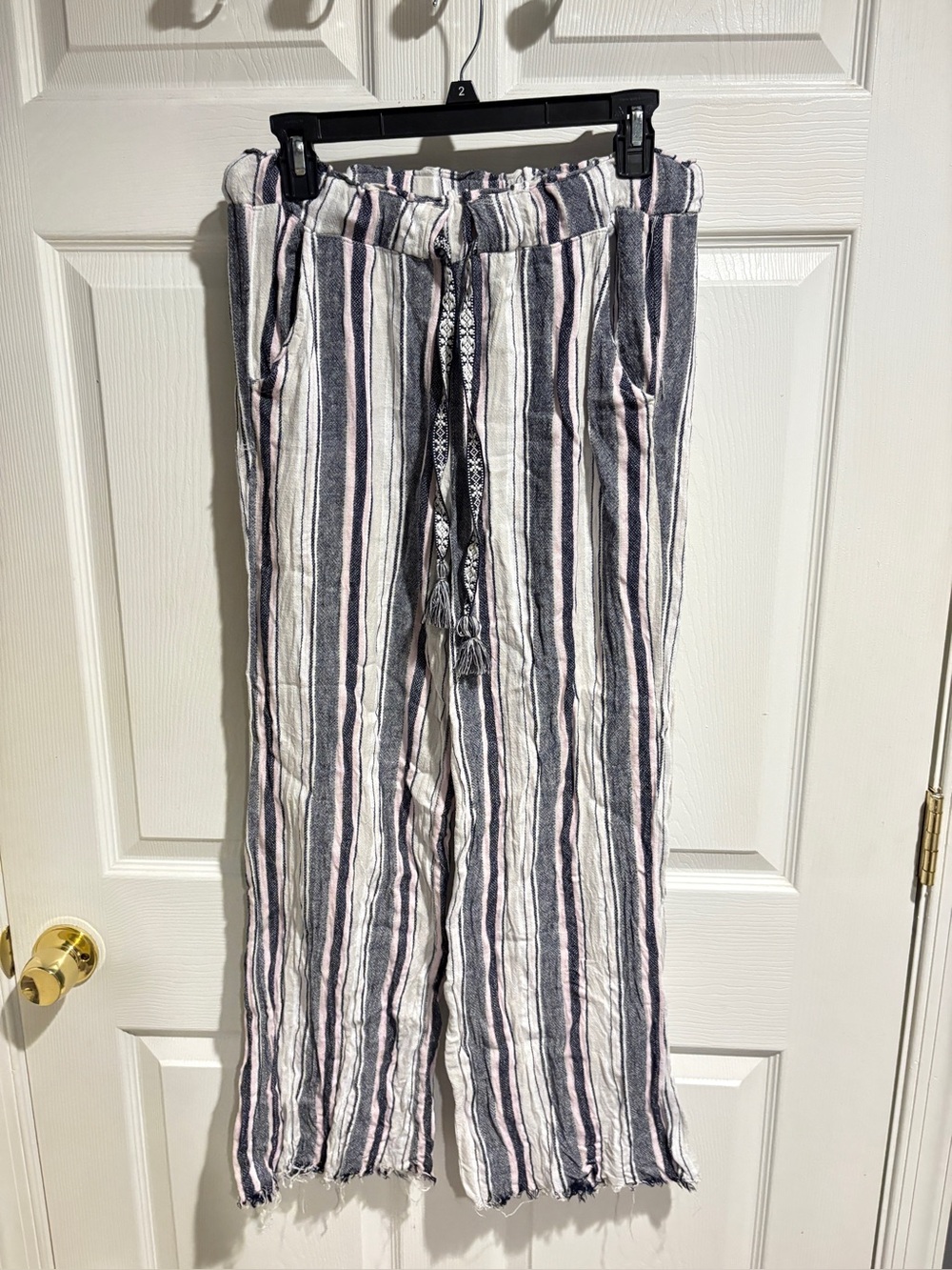 Striped Drawstring womens Pants in White, Navy & Pink